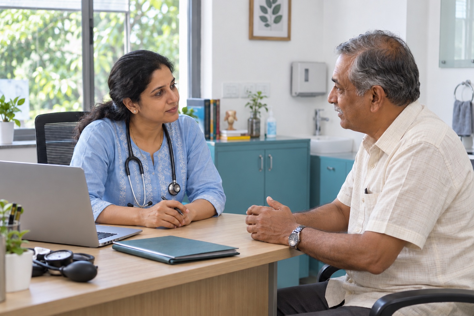 An Indian doctor giving an older patient her attention in a neighbourhood clinic