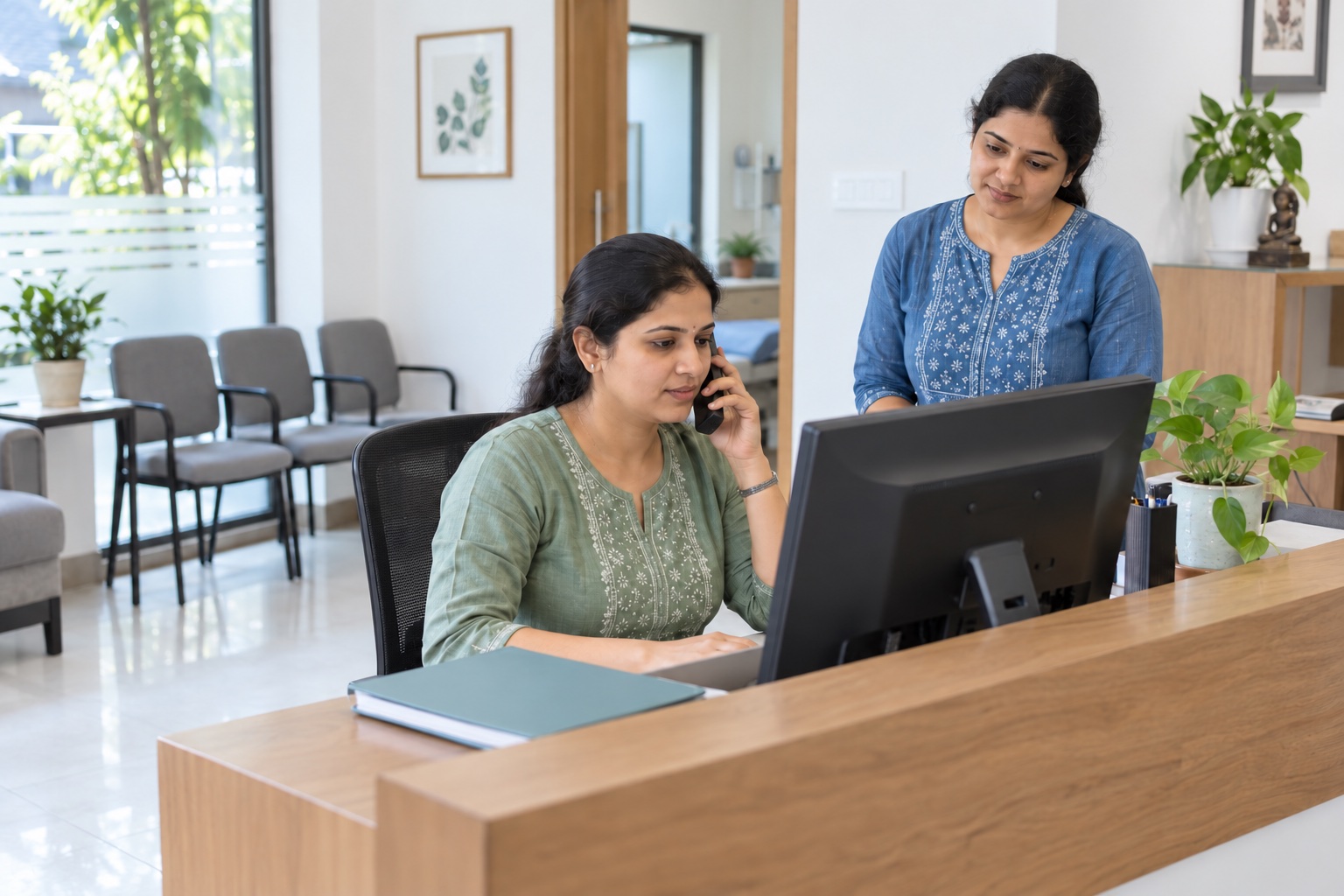 Two Indian clinic team members keeping the day moving together at reception